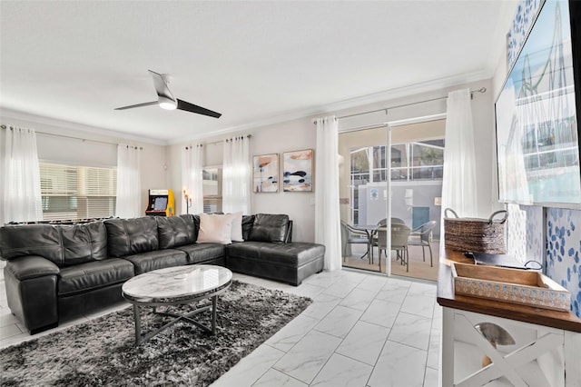 1128 Challenge Dr, Davenport, FL 33896 - living room featuring crown molding, healthy amount of natural light, marble look tiles, and ceiling fan