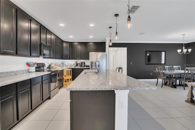 kitchen with black appliances, a sink, light stone countertops, crown molding, and light tile patterned floors