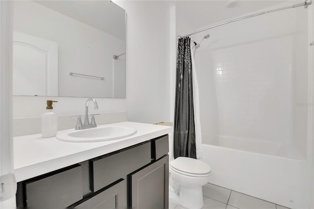full bath featuring toilet, tile patterned flooring, vanity, and shower / bath combination with curtain