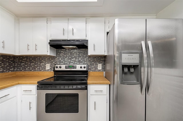 175 Cliff St, Deland, FL 32720 - kitchen featuring appliances with stainless steel finishes, under cabinet range hood, tasteful backsplash, and white cabinetry