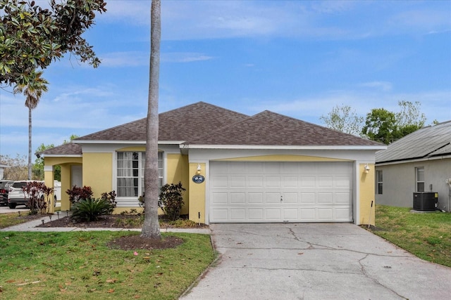 217 Holborn Loop, Davenport, FL 33897 - ranch-style house with a shingled roof, stucco siding, cooling unit, concrete driveway, and a garage