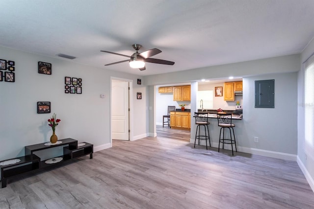 4515 Isaac Ln, Sanford, FL 32771 - living area with ceiling fan, electric panel, light wood-type flooring, and baseboards