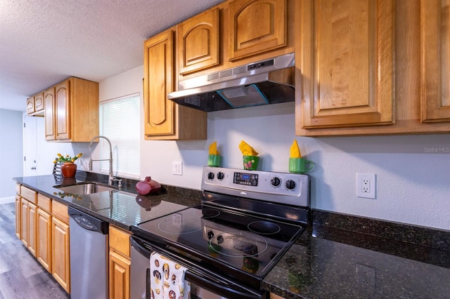 4515 Isaac Ln, Sanford, FL 32771 - kitchen featuring appliances with stainless steel finishes, under cabinet range hood, a sink, a textured ceiling, and wood finished floors