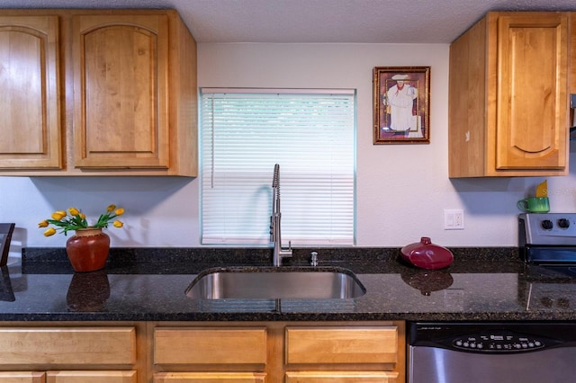 4515 Isaac Ln, Sanford, FL 32771 - kitchen featuring a sink, stainless steel dishwasher, electric range oven, and dark stone counters