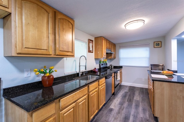 4515 Isaac Ln, Sanford, FL 32771 - kitchen featuring a sink, dishwasher, under cabinet range hood, dark wood-style flooring, and dark stone countertops