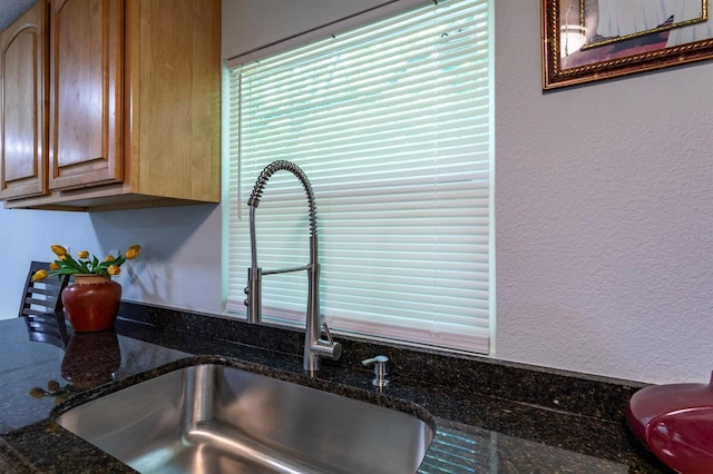 4515 Isaac Ln, Sanford, FL 32771 - kitchen view of a sink, a textured wall, and dark stone countertops