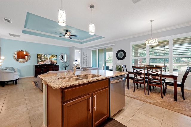 634 Via Corso Ct, Kissimmee, FL 34759 - kitchen featuring dishwasher, open floor plan, light tile patterned flooring, decorative light fixtures, and ornamental molding