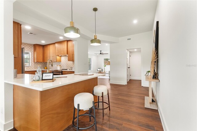 1401 Canberra Ave, Orlando, FL 32806 - kitchen featuring a ceiling fan, a peninsula, tasteful backsplash, dark wood-style flooring, and light countertops