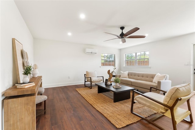 1401 Canberra Ave, Orlando, FL 32806 - living area featuring ceiling fan, dark wood-style floors, recessed lighting, a wall mounted AC, and baseboards
