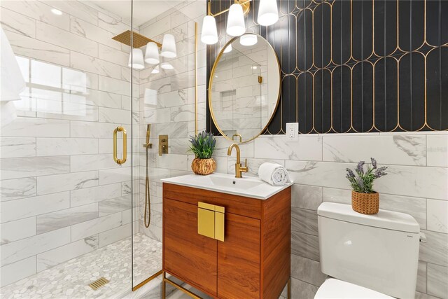 1401 Canberra Ave, Orlando, FL 32806 - bathroom with vanity, tile walls, a shower stall, and toilet
