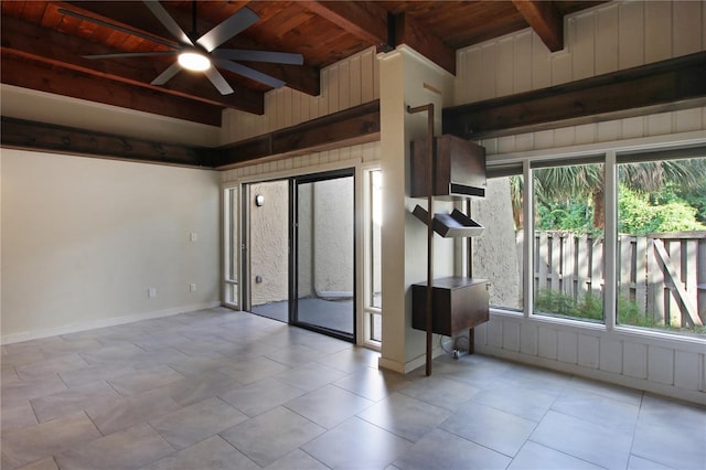 115 Tomoka Trl Unit 115, Longwood, FL 32779 - tiled spare room featuring ceiling fan, wood ceiling with exposed beams, and wood walls