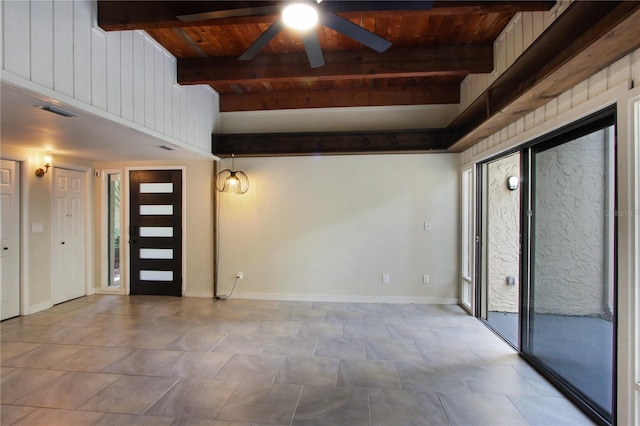 115 Tomoka Trl Unit 115, Longwood, FL 32779 - foyer entrance featuring wooden ceiling with exposed beams, a ceiling fan, and baseboards