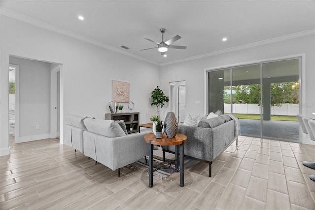 19073 Sabal St, Orlando, FL 32833 - living room featuring ceiling fan, ornamental molding, recessed lighting, light wood-type flooring, and baseboards