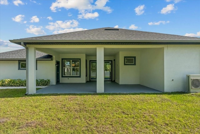 19073 Sabal St, Orlando, FL 32833 - rear view of house featuring ac unit, a shingled roof, stucco siding, and a yard