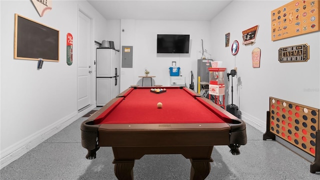 733 Longboat Dr, Davenport, FL 33896 - rec room with baseboards, pool table, speckled floor, and electric panel