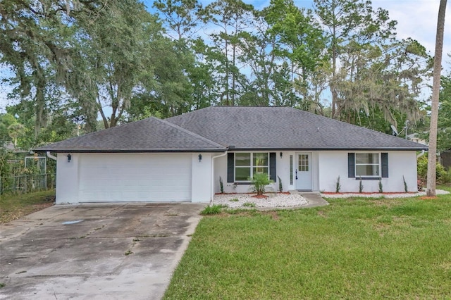ranch-style home featuring stucco siding, concrete driveway, a garage, and a shingled roof
