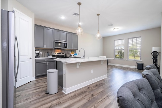 12133 Bracco St, Winter Garden, FL 34787 - kitchen featuring appliances with stainless steel finishes, open floor plan, gray cabinets, light wood finished floors, and a kitchen bar