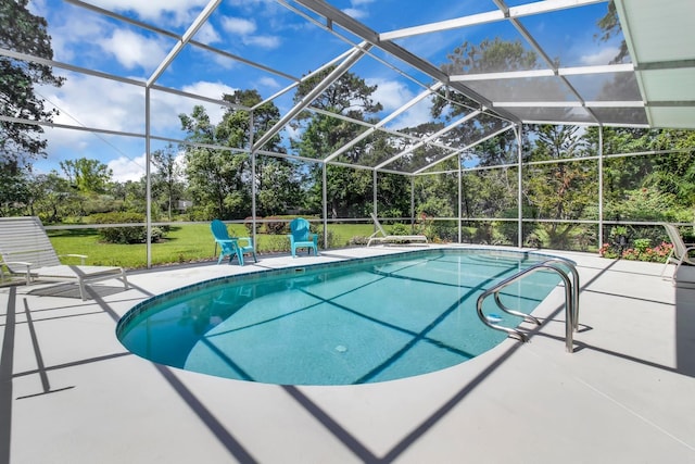 303 S Sweetwater Blvd, Longwood, FL 32779 - outdoor pool featuring a patio, view of scattered trees, a yard, and glass enclosure