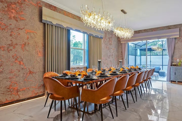 4441 Ganesha Loop, Kissimmee, FL 34746 - dining area with marble tiled floors, a chandelier, crown molding, and wallpapered walls
