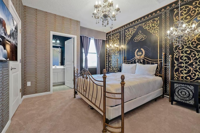 4441 Ganesha Loop, Kissimmee, FL 34746 - bedroom featuring a chandelier, carpet, wallpapered walls, ensuite bathroom, and baseboards