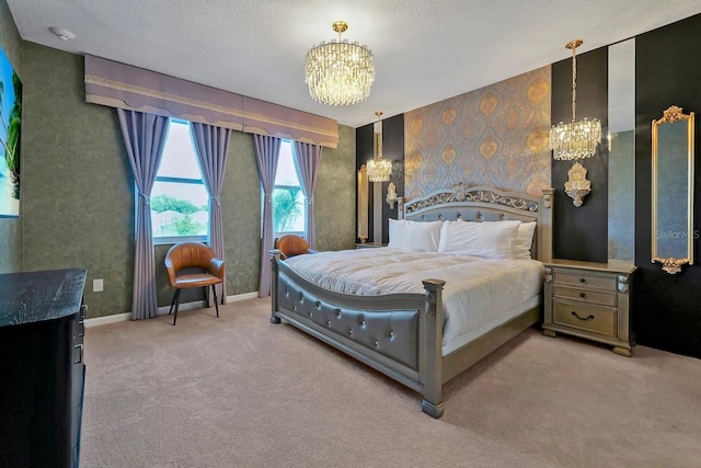 4441 Ganesha Loop, Kissimmee, FL 34746 - bedroom featuring a chandelier, carpet flooring, wallpapered walls, a textured ceiling, and baseboards