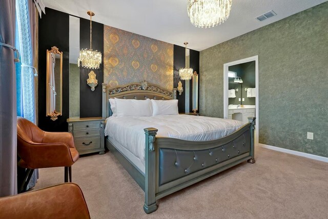 4441 Ganesha Loop, Kissimmee, FL 34746 - bedroom with a chandelier, carpet flooring, ensuite bathroom, baseboards, and wallpapered walls