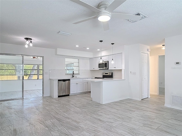 1113 Leeward Dr, Deltona, FL 32738 - kitchen with stainless steel appliances, light countertops, a sink, a textured ceiling, and ceiling fan