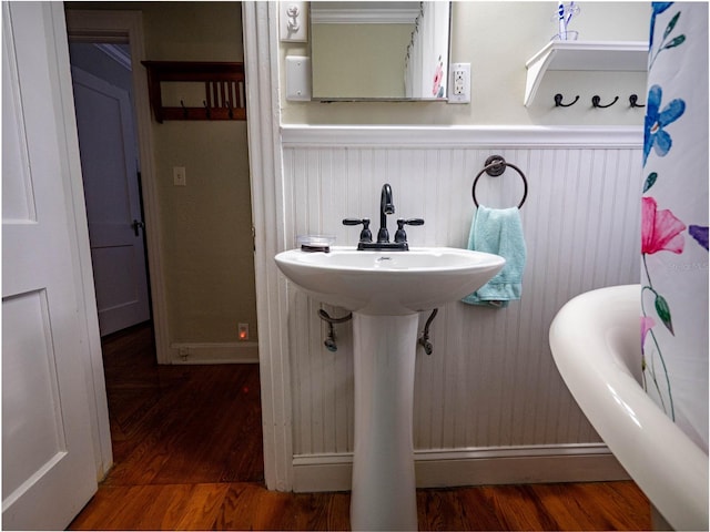 bathroom featuring wood finished floors, baseboards, a wainscoted wall, and a sink