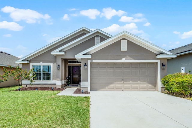 503 Meadow Pointe Dr, Haines City, FL 33844 - ranch-style house featuring stucco siding, an attached garage, driveway, and a front lawn