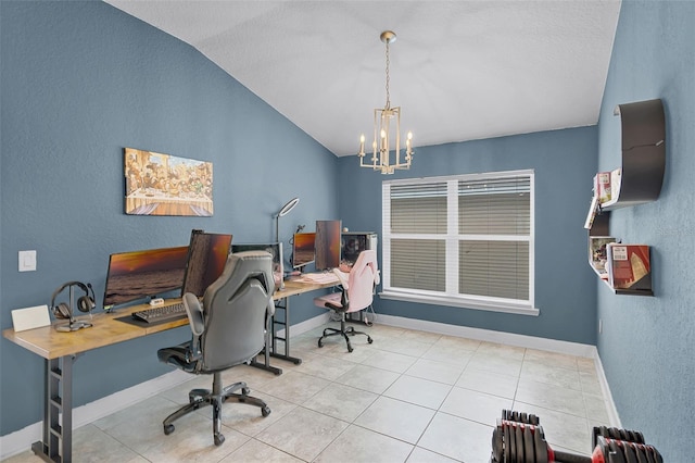 503 Meadow Pointe Dr, Haines City, FL 33844 - tiled home office with lofted ceiling, a chandelier, baseboards, and a textured wall