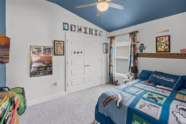 503 Meadow Pointe Dr, Haines City, FL 33844 - bedroom featuring carpet, vaulted ceiling, a closet, baseboards, and ceiling fan