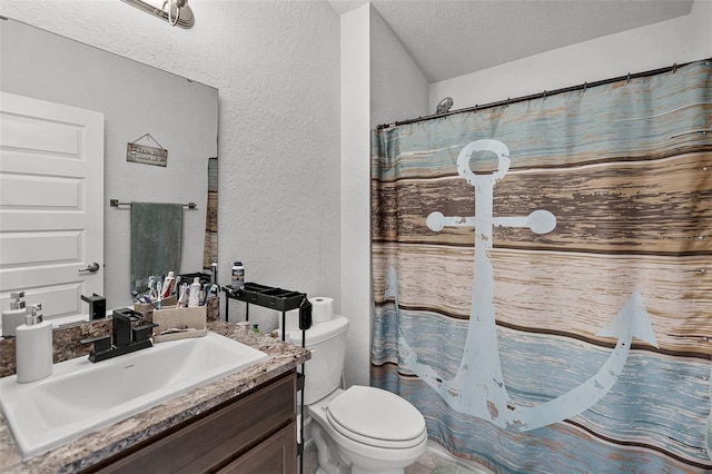 503 Meadow Pointe Dr, Haines City, FL 33844 - full bath featuring a textured wall, toilet, vanity, a textured ceiling, and a shower with curtain