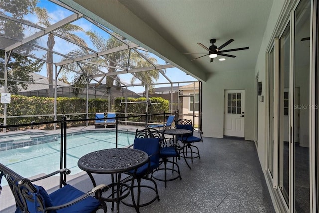 166 Minniehaha Cir, Haines City, FL 33844 - view of pool with a patio area, a pool with connected hot tub, ceiling fan, and a lanai