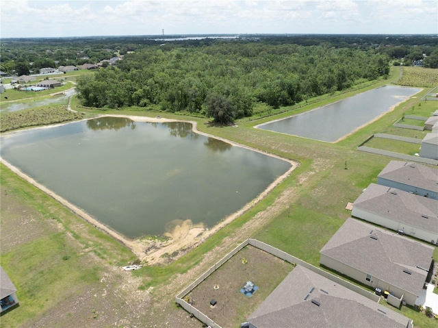 bird's eye view of a nearby body of water and a forest