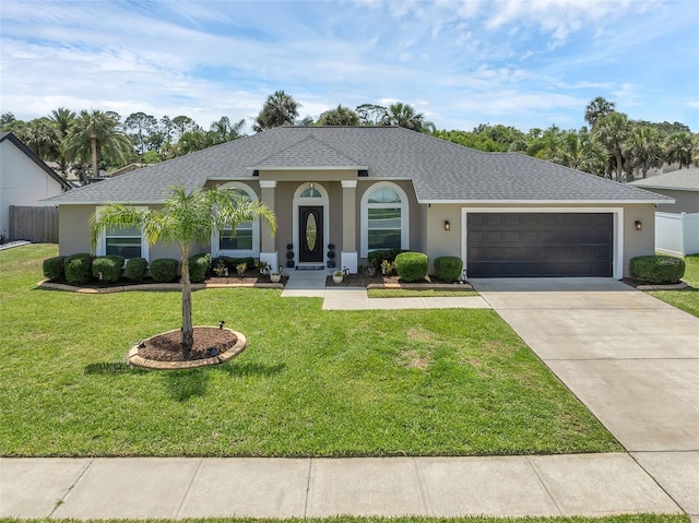 view of front of home with a garage, stucco siding, a front lawn, driveway, and roof with shingles