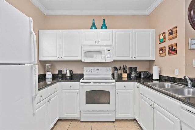 2952 Lucayan Harbour Cir Unit 105, Kissimmee, FL 34746 - kitchen with white appliances, a sink, white cabinetry, and ornamental molding