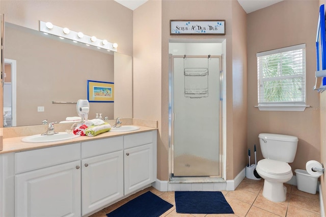 2952 Lucayan Harbour Cir Unit 105, Kissimmee, FL 34746 - full bath with tile patterned flooring, a shower stall, double vanity, toilet, and baseboards