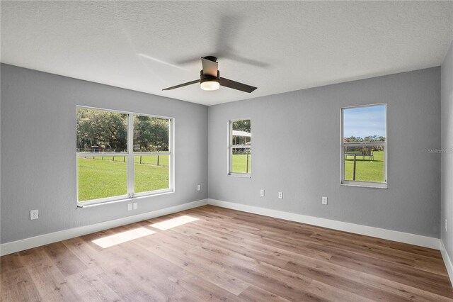 1438 Mclin Dr, Plant City, FL 33565 - empty room featuring wood finished floors, ceiling fan, baseboards, and a textured ceiling