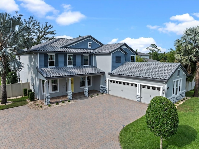 3865 W Stillwood Ln, Lake Mary, FL 32746 - view of front of property with a tiled roof, a porch, an attached garage, decorative driveway, and stucco siding