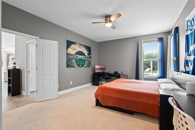 3865 W Stillwood Ln, Lake Mary, FL 32746 - bedroom featuring light colored carpet, baseboards, ceiling fan, an office area, and a textured ceiling
