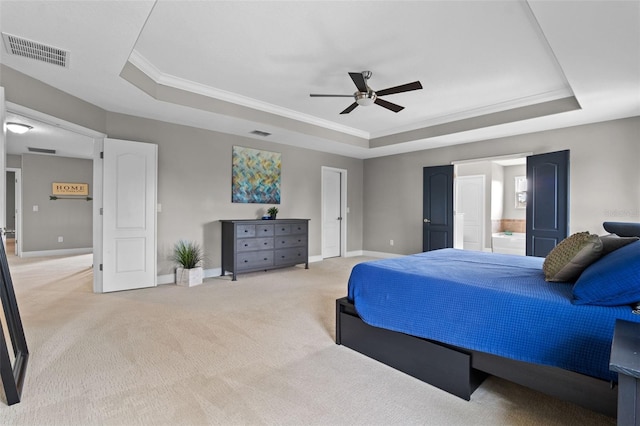 3865 W Stillwood Ln, Lake Mary, FL 32746 - bedroom with a raised ceiling, crown molding, baseboards, and light colored carpet