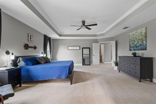 3865 W Stillwood Ln, Lake Mary, FL 32746 - bedroom with a raised ceiling, carpet flooring, crown molding, baseboards, and ceiling fan
