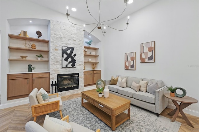 1266 Saint Albans Loop, Lake Mary, FL 32746 - living room featuring baseboards, built in shelves, a fireplace, and recessed lighting