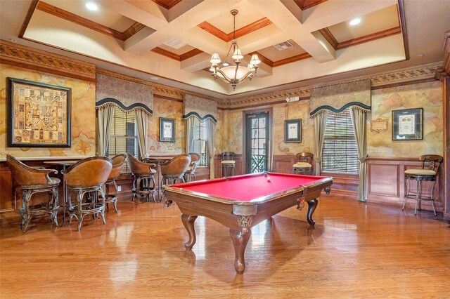 3561 Conroy Rd Unit 216, Orlando, FL 32839 - playroom with crown molding, wallpapered walls, light wood-style floors, a chandelier, and beam ceiling