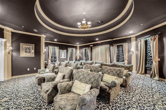 3561 Conroy Rd Unit 216, Orlando, FL 32839 - carpeted home theater room with ornamental molding, a chandelier, a raised ceiling, baseboards, and recessed lighting