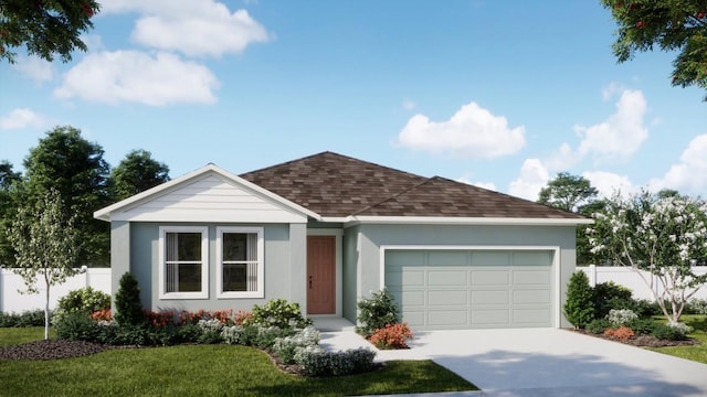 ranch-style home featuring roof with shingles, driveway, an attached garage, and stucco siding