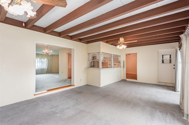 1322 Royal Birkdale Cir, Rockledge, FL 32955 - unfurnished living room featuring a chandelier, beamed ceiling, and carpet flooring