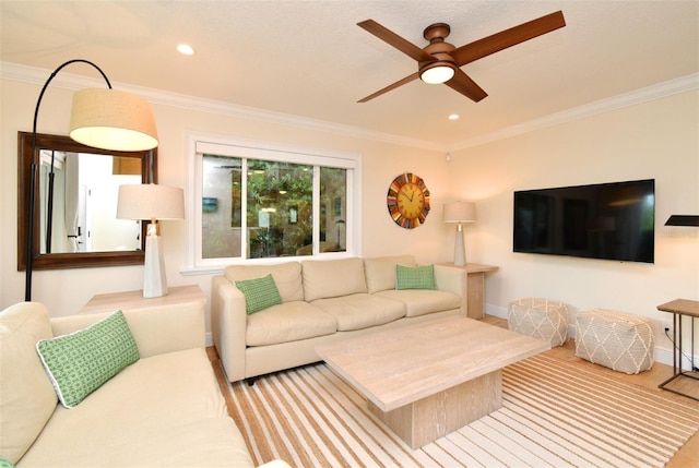 507 N Peninsula Ave, New Smyrna Beach, FL 32169 - living area featuring crown molding, a ceiling fan, recessed lighting, and baseboards