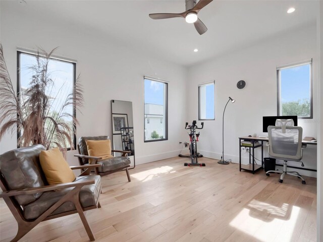 8157 Elion St, Orlando, FL 32827 - home office with a ceiling fan, light wood-style floors, recessed lighting, and baseboards