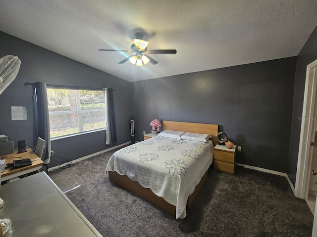 6436 Fig Leaf St, Magnolia Square, FL 34771 - bedroom featuring carpet flooring, vaulted ceiling, a ceiling fan, baseboards, and a desk